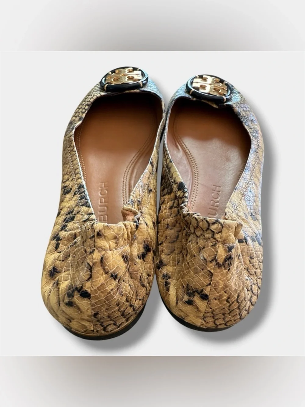 Tory Burch Snake Print Flats Gold Logo Medallion Ballet Shoes Women’s 10M